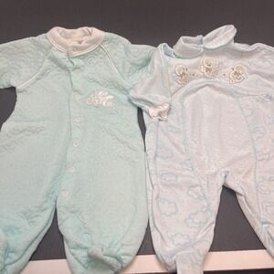 Vintage 0-3m Bright Future Collared Toy Duck & Teal Button Bear Footie Pajamas